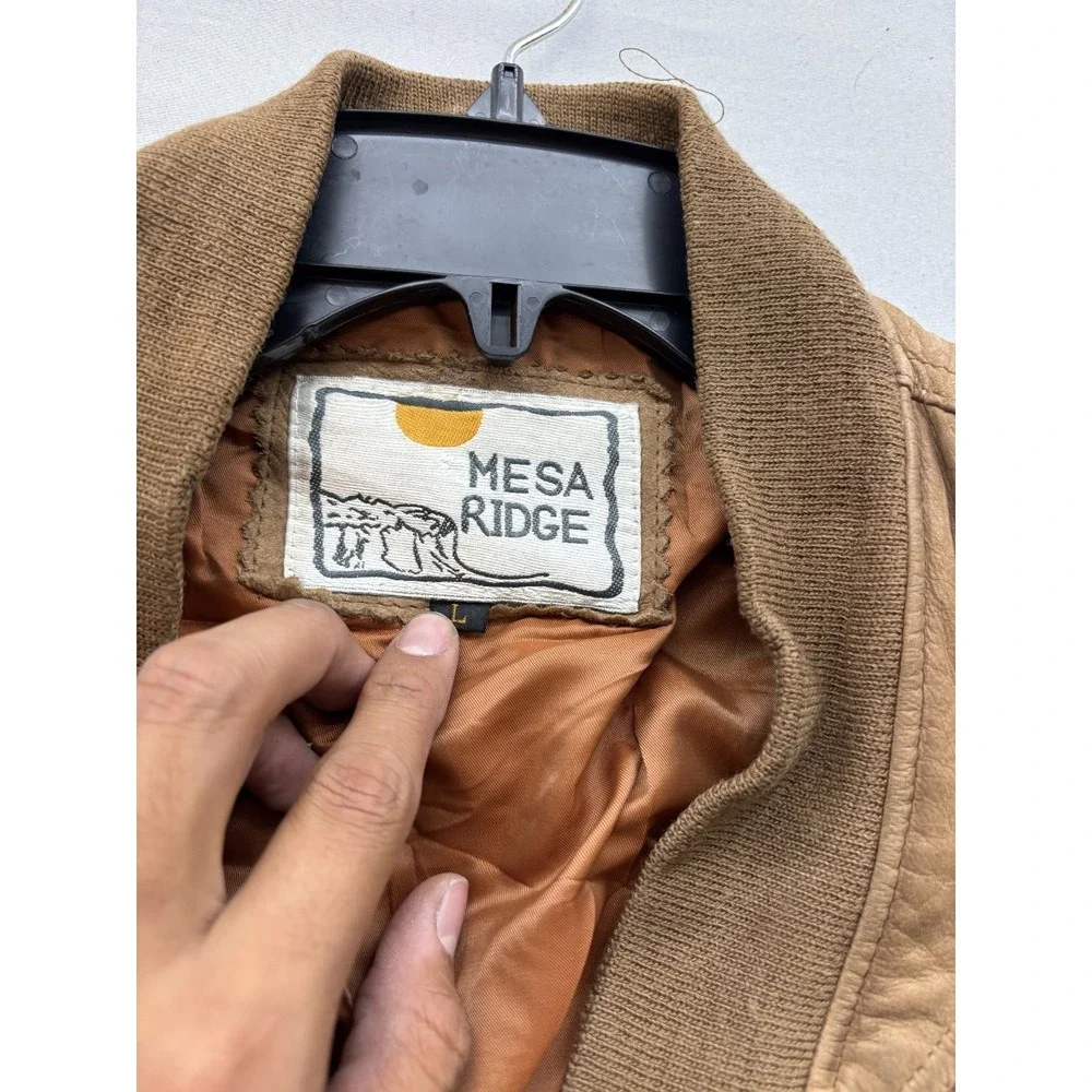 MESA RIDGE Vintage Men Tan Leather Bomber Jacket L Button Front Ribbed Trim